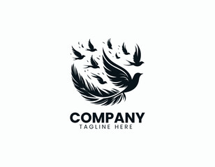 Fototapeta premium Elegant Black Feather Silhouette Releasing Smaller Birds Flying Vector Logo Design