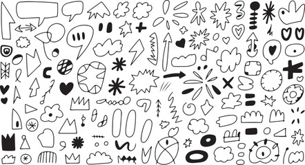 Obraz premium Arrow line hand drawn brush sketch element set. Grunge square, heart, arrow element scribble line brush hand drawn sketch design. Texture abstract chalk, crayon pencil style. Vector illustration