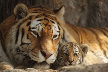 Fototapeta premium a tiger and a cub laying on a rock