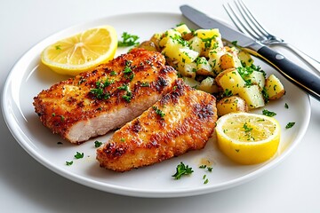 **Classic German Schnitzel With A Golden-Brown Breaded Pork Cutlet Placed On A White Porcelain Plate, Accompanied By Lemon Wedge, Parsley Garnish, And Potato Salad. The Background Is Clean White With 