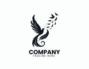 Elegant Black Feather Silhouette Releasing Smaller Birds Flying Vector Logo Design