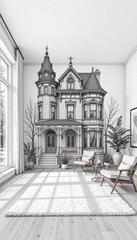 Monochromatic Victorian House Wall Mural in a Modern Living Room