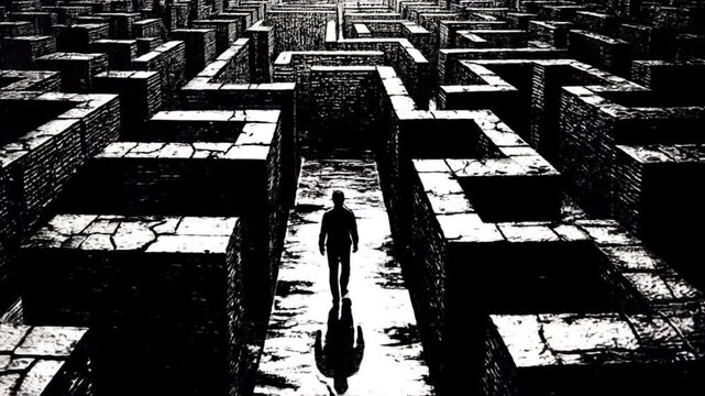 abstract grunge man in a maze black and white