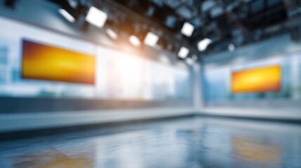 Blurred Television Studio Interior with Screens and Lighting