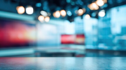 Blurred Television Studio Interior with Lighting and Screens