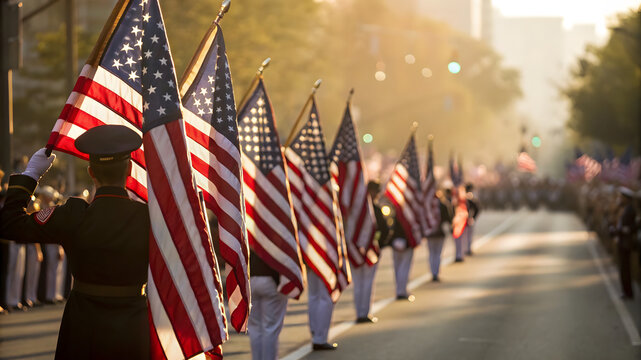Veterans Day Parade with Flags and Veterans in Sunlight