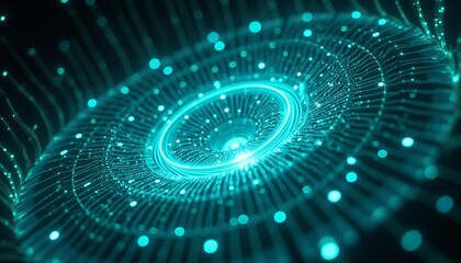 Glowing turquoise abstract vortex with futuristic digital neon particle flow