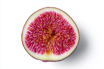 A slice of a red and yellow fruit with a white background. The fruit is a fig. The slice is cut in half, revealing the seeds and the juicy red flesh. Concept of freshness and natural beauty