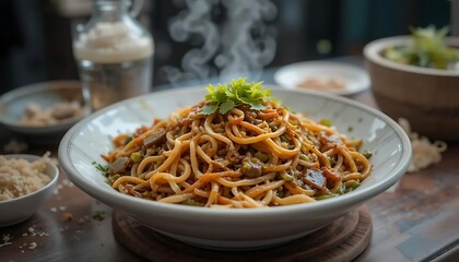 chinese food fried noodles on wooden table. Hot and spicy food