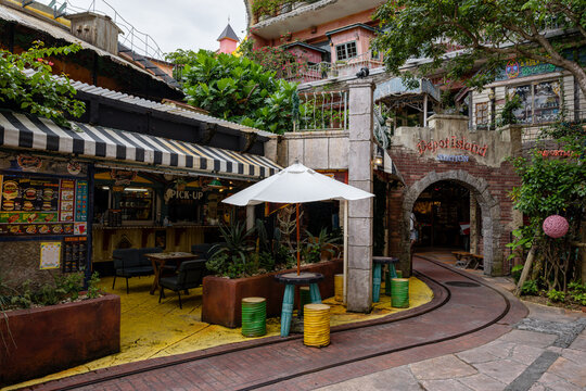 Mihama American Village in Okinawa, Japan - July 2024: historic American village or community in Okinawa, once a symbol of the past, is now a popular tourist attraction on the island