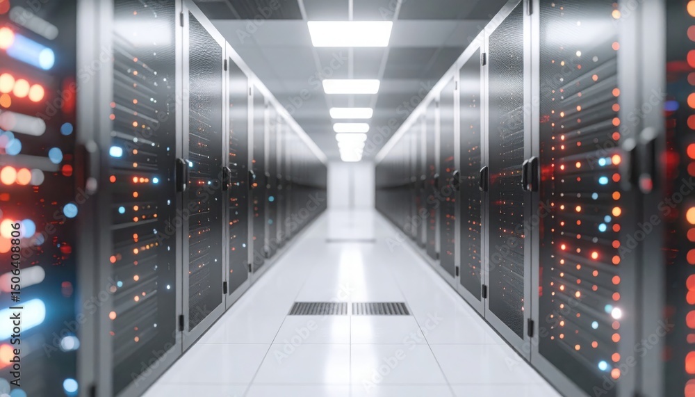 Poster ultra modern data center server room with high tech racks and omnidirectional lighting system