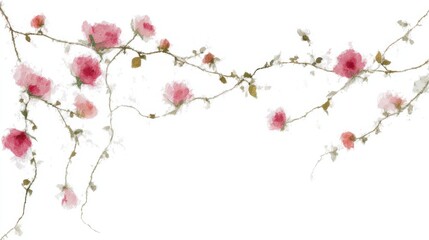 Illustration of Trailing Rose Vines with Pink Flowers on White Background