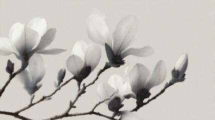Magnolia Flowers and Buds on Branches, Monochrome