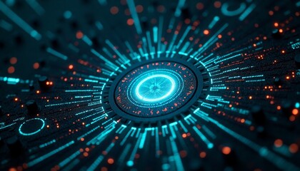 Futuristic technology core with radiating light streams and data particles visual