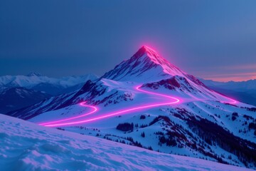 Pink Illuminated Winding Path on Snowy Mountain at Night