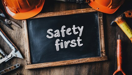 Safety first message on a chalkboard, surrounded by tools and hard hats