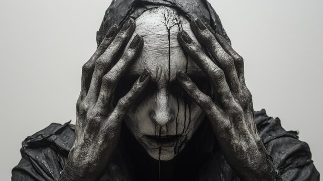 Sinister goddess Achlys misery embodied ashen skin tear-streaked face withered hands plain white background