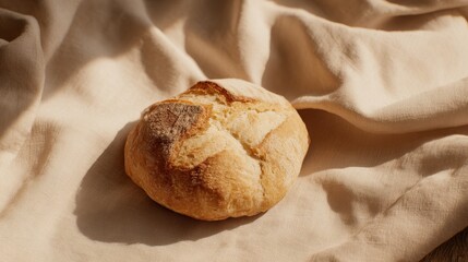 Single artisan bread loaf on soft beige linen cloth placed on light wooden table with natural sunlight casting soft shadows, minimalist warm tones and ample copy space for text