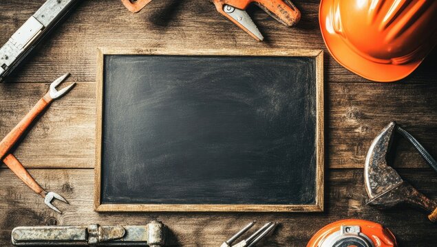 Safety first message on chalkboard amidst tools - Powered by Adobe