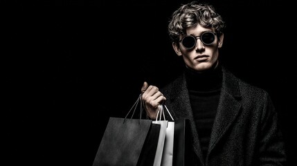 Confident Shopper: A stylish individual, exudes confidence in a fashion-forward pose, clutching shopping bags against a dramatic black backdrop. capturing the essence of sophistication and allure.. Ai