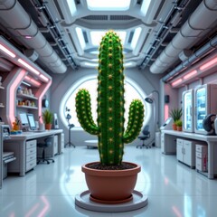 Large Green Cactus in Futuristic Laboratory Setting