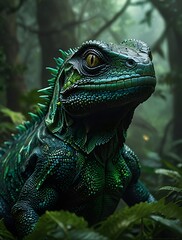 A vibrant, digital illustration showcases a large lizard, likely a species of iguana, with a striking teal-green hue. 
