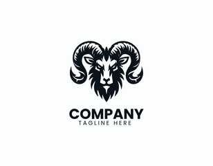 Obraz premium Powerful Ram Head Illustration with Prominent Horns and Sharp Eyes Vector Logo Design