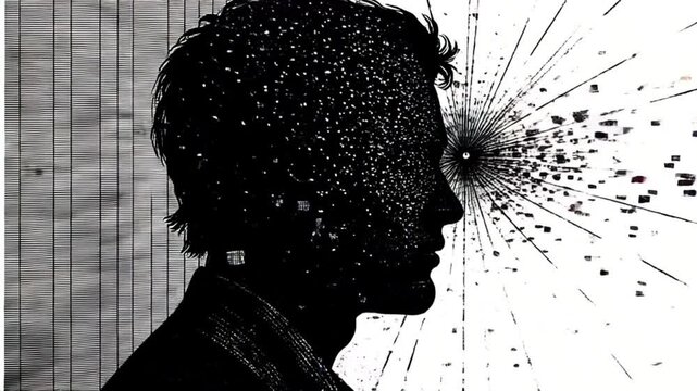 abstract state of mind black and white, man turned into grid