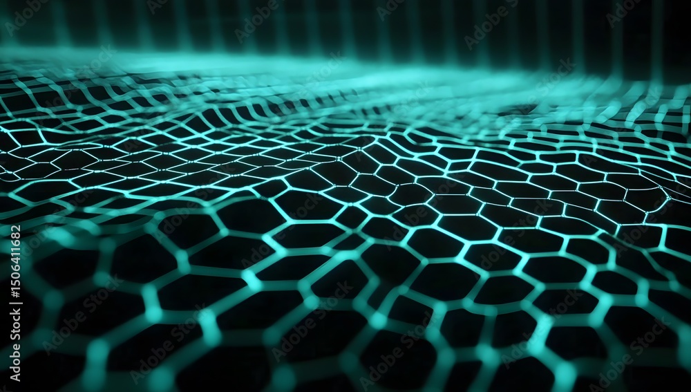 Poster a black background with neon turquoise lines in the shape of hexagons, creating an optical illusion 