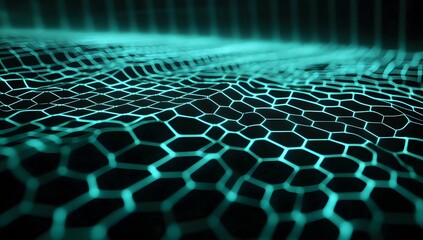Fototapeta premium A black background with neon turquoise lines in the shape of hexagons, creating an optical illusion that gives depth 