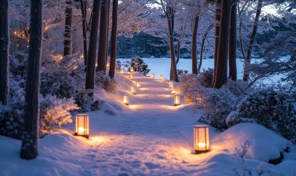 serene depiction of a snow-covered park bench lit by a softly glowing streetlight, surrounded by frosted trees and snowflakes, Generative AI