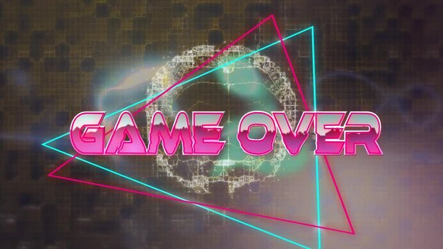 Opening neon wireframe GAME OVER text forming 3D letters pulsing sliding triangles showing game end - Powered by Adobe