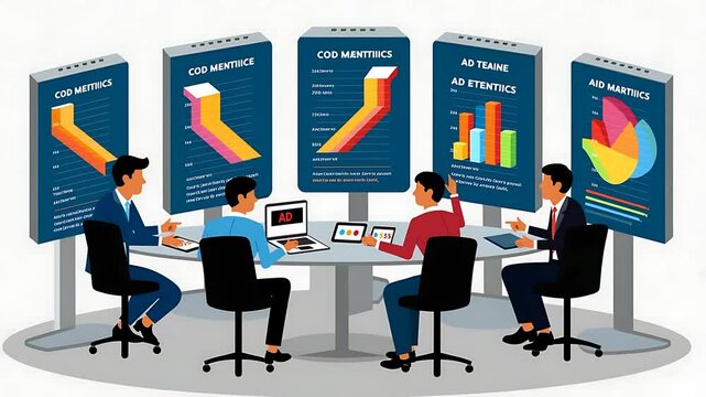 Business Team Analyzing Data on Interactive Displays