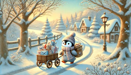 A Whimsical Journey of the Penguin Mail Carrier Delivering Magical Letters Through a Snowy Forest as Spring Awakens