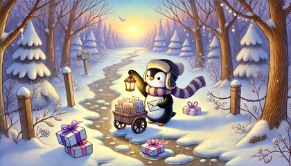 A heartwarming storybook-style illustration of a small penguin mail carrier delivering glowing letters and ribbon-wrapped parcels in a melting snowy forest on a gentle spring day