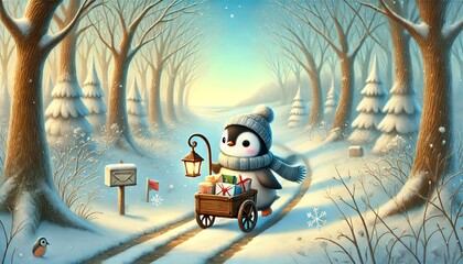 A whimsical and heartwarming illustration of a small penguin mail carrier traveling through an early spring forest, delivering glowing letters and parcels along a melting snowy path