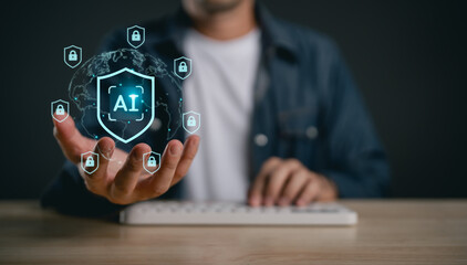 Person holding glowing globe with AI shield icon and data protection symbols, representing artificial intelligence and cybersecurity in modern technology