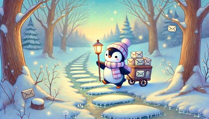 A charming and whimsical illustration of a small penguin mail carrier delivering glowing letters along a melting snow path in a serene forest, symbolizing the transition from winter to spring