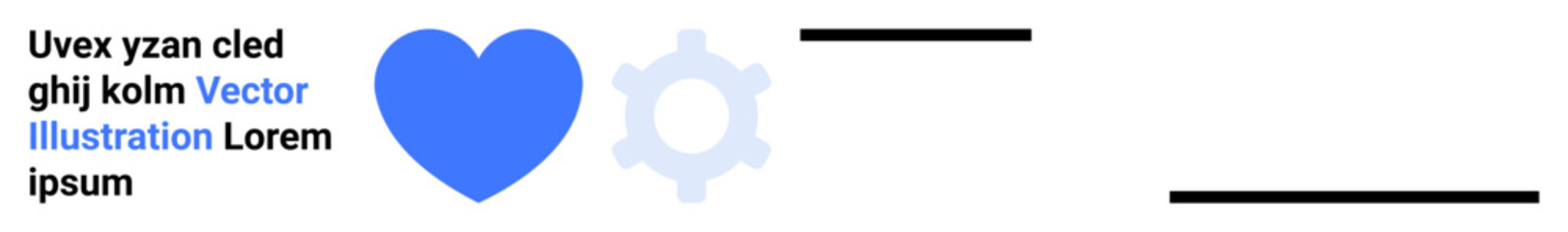 Blue heart icon next to a light gray gear with placeholder text in black and blue. Ideal for teamwork, design, engineering, technology, creativity, collaboration, simple landing page