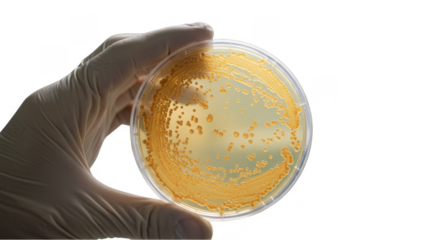 Gloved Hand Holding Petri Dish With Bacterial Colonies Transparent Background Photo