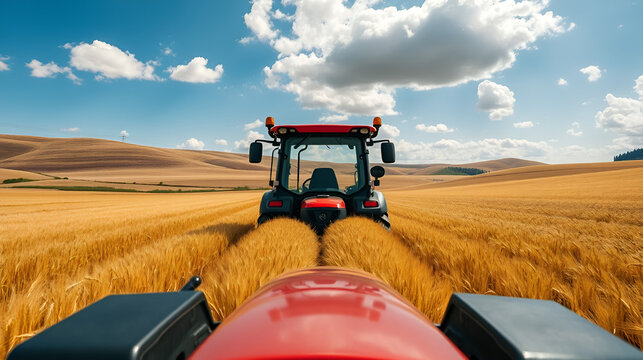 A perspective view from behind a tractor in a recently harvested wheat field with a blue sky clouds rolling hills and space for text