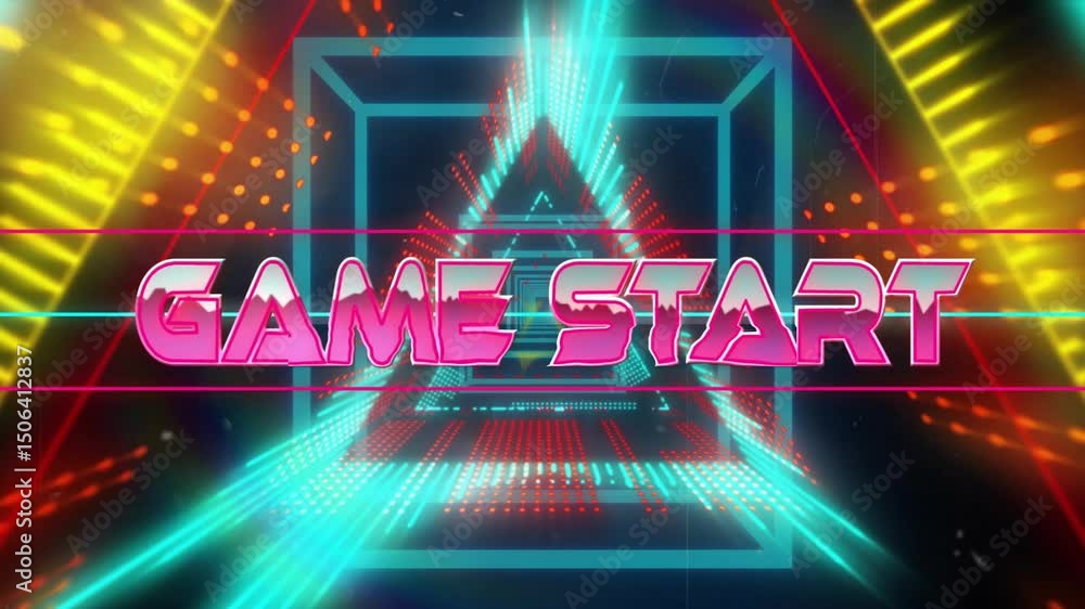 Poster when dot matrix tunnel pulsing, 3d game start text fading, glowing, morphing signaling game start