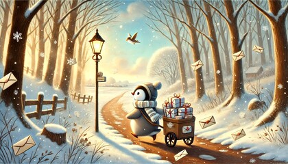 A Small Penguin Mail Carrier Delivers Enchanted Letters Through a Melting Snowy Forest on a Warm, Breezy Spring Day