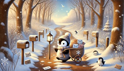 A Small Penguin Mail Carrier Travels Through a Melting Snowy Forest, Delivering Enchanted Letters Under a Soft Spring Sky