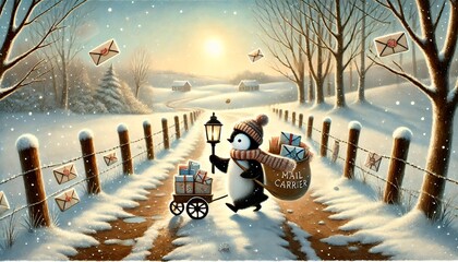 A Small Penguin Mail Carrier Travels Along a Melting Snowy Path, Delivering Enchanted Letters in a Gentle Spring Breeze