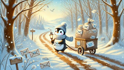 A Small Penguin Mail Carrier Ventures Through a Snowy Forest Path, Delivering Enchanted Letters in the Soft Glow of Spring