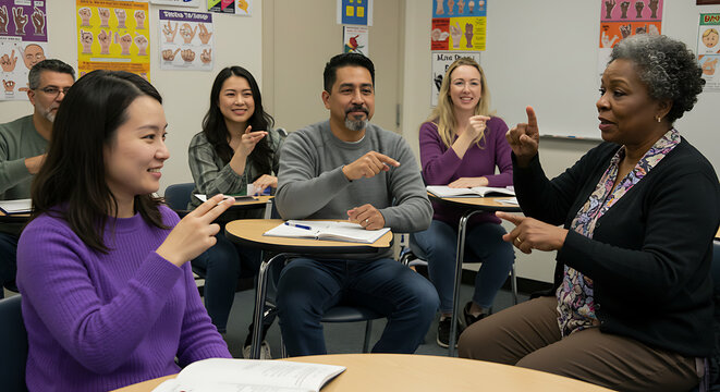 Diverse students learning sign language in a classroom setting with an instructor