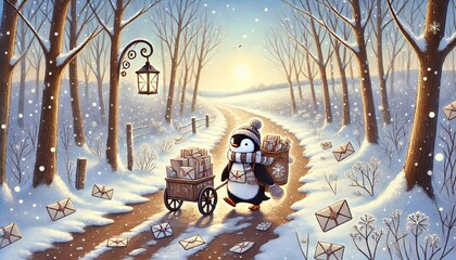 A Small Penguin Mail Carrier Travels Through a Melting Snowy Path, Delivering Magical Letters in a Gentle Spring Breeze