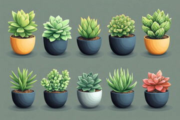 Obraz premium A set of cacti and succulents in pots with a dark background.