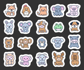 Cute animal character set with fox, chicken, cat, elephant, pig, rabbit, rat, cow, frog, dog, bear, monkey, penguin, koala, hippopotamus, sheep.